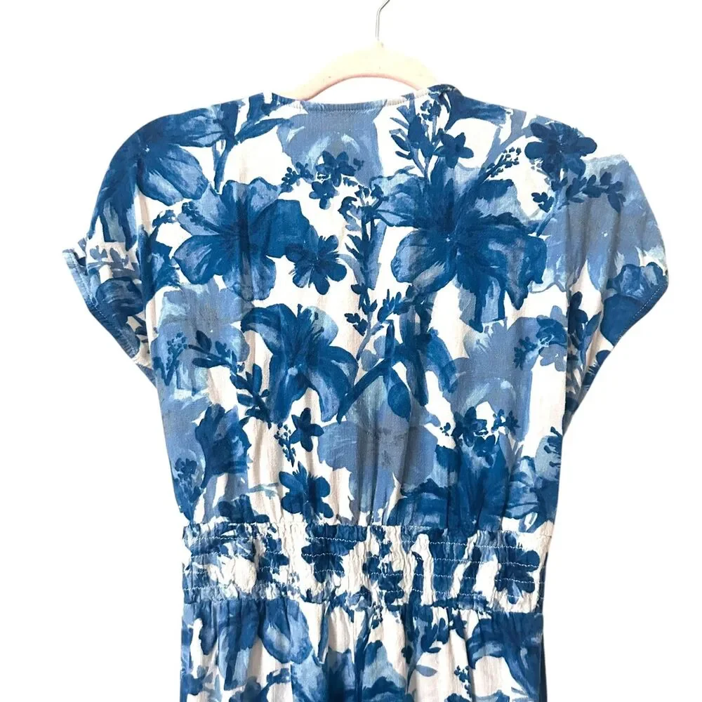 ZARA Floral Tie Front Linen‎ Blend Jumpsuit Blue Small